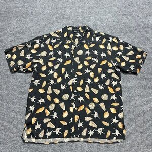 Tulliano Mens Button Up Shirt Size XL Black Shell Print Pure Silk Short Sleeve